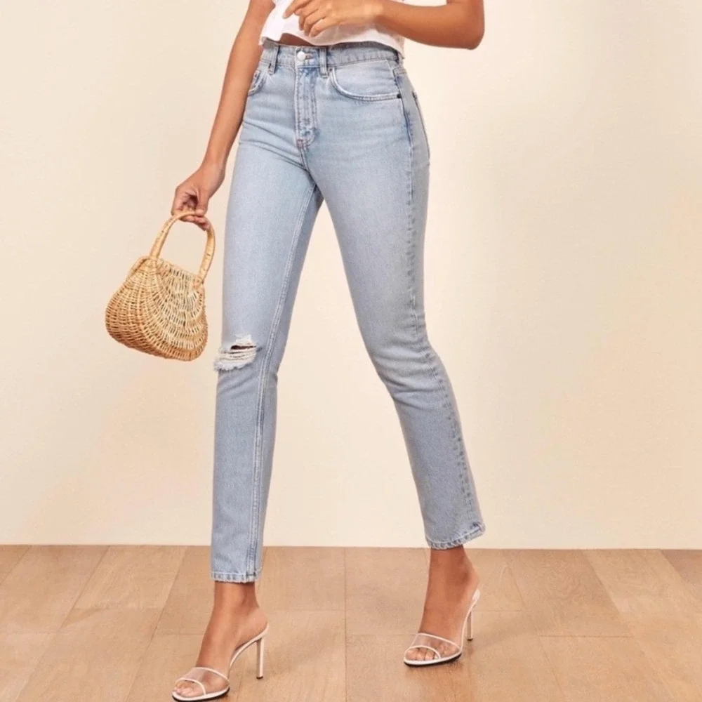 Reformation Julia High Cigarette Jean Tahoe Destroyed Light Blue Distressed 28